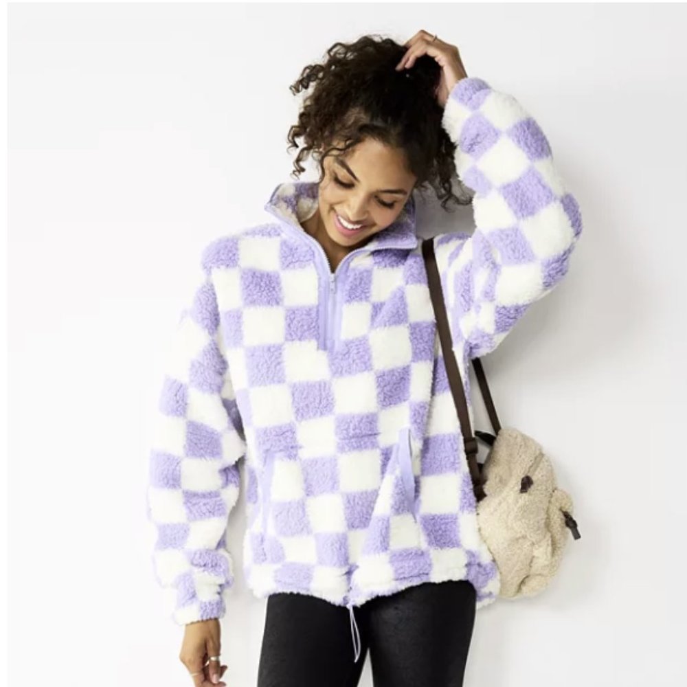 SO JUNIORS PURPLE AND WHITE CHECK  1/4 ZIP SHERPA PULLOVER SIZE S  #456